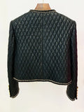 STREET Newest 2023 F/W Designer Outerwear Women's O-neck Chains Embellished Grid Artificial Leather