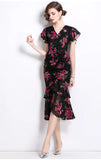 Fongt Retro Niche Design Drawstring Print V-Neck Dress Summer Women's Pocketed Fishtail Skirt Tide