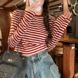 Fongt Color Striped Long-Sleeved T-Shirt Female Autumn 2024 New Casual Look Thin With A Bottom Shirt Short Student