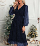 Fongt New V-Collar Elegant Slim Solid Color Stitching Mesh Perspective Sprinkling Powder Dress Female-Outfit