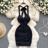 Fongt Wind Hanging Neck Sling Dress Women Summer Shiny Folds Design Ass Short Skirt
