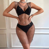 Fongt Sexy Fishnet Flash Diamond Hollow Bright Diamond Dress Fashion Trend V Neck Skirt