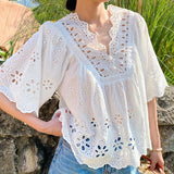Fongt Embroidery Art White Top Women's Sleeves Holiday Blouse Women's Niche Design Women's Shirt