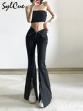 Black Slim Stretch Versatile Commuter Classic High Waist Simple Split Young Women's Zipper Flared Trousers Girl Casual-Outfit