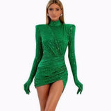 Hot Green Velvet Velvet Sleeve Small High-Neck Dress Fashion Party Show