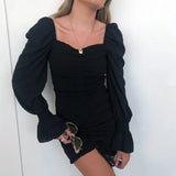 Elegant Bodycon Mini Dress Mesh Long Sleeve Patchwork Square Collar Slim Stretch Vestidos Drawstring Party Casual