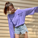 oversized T Shirt Women batwing Sleeve Basic Korean letter printed purple t-shirts Top Female Long Sleeve White