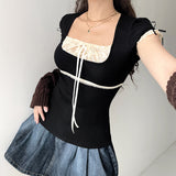 Fashion Winter Ebay Color Splicing Lace Square Tie Fresh And Sweet Blouse