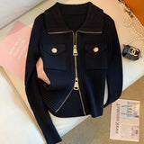 Black Ribbed Gold Button Zipper Cardigan-Outfit