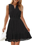 Fongt Women's Summer Sleeveless Dress V Collar Hollow Pores High Waist A Skirt Swing Short Party Dress
