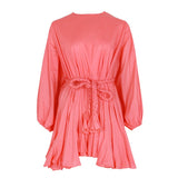 Spring Hit Color Patchwork Womens Dress O Neck Puff Sleeve Bandage Pleated Dresses Female 2022 Casual Fashion