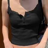 Spring And Summer New Women's Wear Solid Color Square Collar Buckle Knitting Gentle Wind Lace Splicing Small Suspender