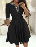 Fongt Autumn / Winter Temperament Elegant Closed Waist Hot Diamond In The Long Sleeve Solid Color Big Swing V-Neck Dress With A