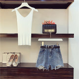 Women Korean Casual 3 Piece Set Women 3/4 Sleeve Plaid Long Hoodies Sunscreen Shirts + Knitted Vest + Denim Short