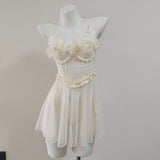Fongt Beautiful Design Stacked Three-Dimensional Flower Broth Pyjab Mesh A Word Thin Sling Female Pajamas