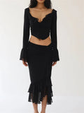 Women Y2K Ruffles 2 Pieces Skirts Sets Off Shoulder Sheer Mesh Shirts Tops Irregular Hem Split Skirts Streetwear 2023-Outfit