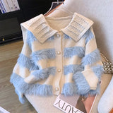 And Winter Lapel Sweater Spliced Woolen Striped Sweater Coat Women's New Lazy Cardigan Coat-Outfit