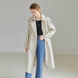 Suit Collar Full Regular Sleeve Long Straight Trench Office Lady Solid Spring Double Breasted Mid-length
