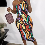 Fongt Women's Dress Elegant Diagonal Shoulder Print Hollow Out Back Tight Hip