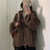 Cable Knit Zip Up Hooded Cardigan-Outfit
