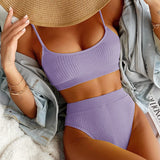 Solid Yellow Bikini 2021 Mujer Women High Cut Pleate Two Piece Swimsuit Beach Bathing Suit High Waist Swimwear