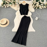 Fongt And Summer Pure Desire Gentle Wind Temperament Suit Female Hollow Out Sleeveless Short Vest Fishtail Skirt Two Sets-Outfit