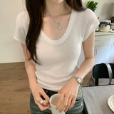 Solid Color U-Collar Short-Sleeved T-Shirt Women's New Springy Slim, Simple And Easy To Wear In