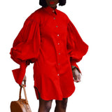 Fongt Summer Large-Size Loose Bubble Sleeves Solid-Color Open-Sleeved Shirt Dress Dress
