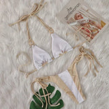 Fongt Sexy New Crystal Diamond Bikini Solid Color Patchwork Belt Swimsuit Vacation Split Women's