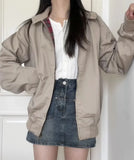 Women Red Checkered Lining Jacket Coats 2023 Fall Retro Stand Collar Long Sleeves Solid Color Jakcets Female Chic Outwear-Outfit