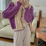 New 2022 Korean Fashion Color Blocking Sweaters Chic Women Autumn Winter Oversized Cardigans Elegant Tops