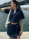 Hot Style Double Front V Collar Head Short Denim Shirt High-Waisted Denim Skirt Suit-Outfit