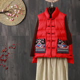 New Retro National Style Down Vest Outside The Female Wear Plate Buckle White Duck Down Pocket Embroidered Vest Down Inside-Outfit
