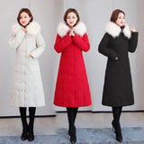 Winter 2024 New Cotton-Padded Clothes Long Over The Knee Lady Big Wool Collar Slim Slim Big Size Thick Down Cotton Clothes-Outfit