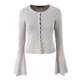 Beige Knit Pearl Buttons Knitted Cardigan Crop Top And Mini Skirt Set-Outfit
