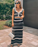 Fongt Suit Striped Knitted Vest Blouse High Waist-Colly Half-Dress Two-Piece Woman