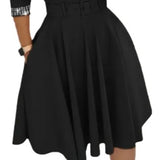 Fongt Autumn / Winter Temperament Elegant Closed Waist Hot Diamond In The Long Sleeve Solid Color Big Swing V-Neck Dress With A