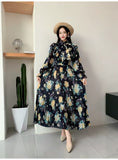 Fongt 2025 New Long-Sleeved Heavyweight Bow Long Print Chiffon Sweet Dress Seaside Holiday