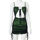 Women Sexy Black Mesh Patchwork Bodycon Mini Dress Spaghetti Strap Cut Out Green Dress Lace Up Ruched Slim UK Robe 2021