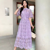 Fongt Retro High-End Squealing Hook Lace Dress Women's Summer Waist Thin Temperament A-Word Fairy Dress