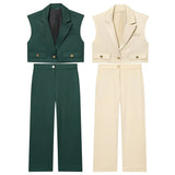 Fongt New Women's Short Lap Collar Vest Vest Top High Waist Broad Leg Trousers Set