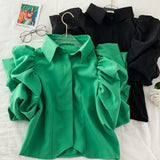 Short Puff Sleeve Blouse Women Korean Elegant Solid All Match Office Lady Casual Shirt 2023 Summer Fashion
