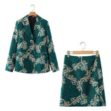 Women Fashion Vintage Print Blazer Vintage Long Sleeve Loose Female Outerwear Personality Suit And High Waist Split