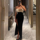 Fur Trim Black Slit Tube Midi Dress-Outfit