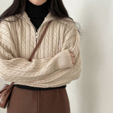 Dark Academia Half Zip Up Cable Knit Sweater-Outfit