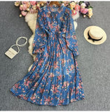 Fongt And Autumn Gentle Wind Korean Version Of Sweet Round Collar Lote Side To Receive Waist Thin A Word Broken Flower Chiffon Dress Woman