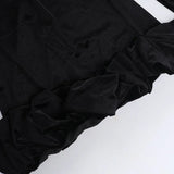 Black Velvet Long Sleeve Puff Trim Bodycon Mini Dress-Outfit