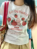 Les Dessert Strawberry & Letter Print Short Sleeve T-Shirt-Outfit