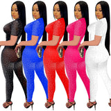 Fashion Women's Pure Color Net Yarn Hot Drill Short Sleeve Trousers Two Sets-Outfit