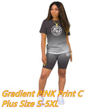 PINK Letter Print Gradient Two Piece Sets Women Round Neck Short Sleeve Top + Shorts Tracksuits Summer Fashion